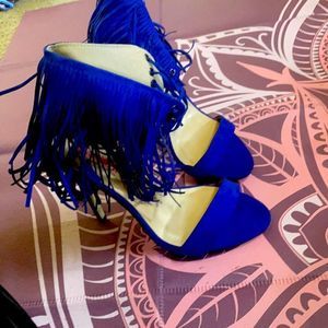 Blue frilly open toed high heels